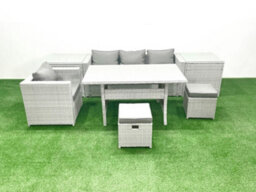 Fimous Rattan Garden Furniture Dining Set 6 Seater Lounge Sofa Chair Dining Table Set 2 Small Stools 2 Side Tables Light Grey - thumbnail 1