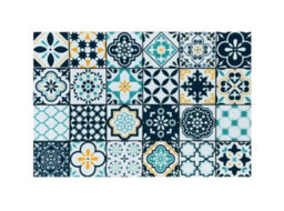 Blue Yellow Cream Modern Floral Geometric Easy To Clean Mat For Living Room, Dining Room, Bedroom & Kitchen-50Cm X 75Cm - thumbnail 1