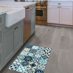 Blue Yellow Cream Modern Floral Geometric Easy To Clean Mat For Living Room, Dining Room, Bedroom & Kitchen-50Cm X 75Cm - thumbnail 2