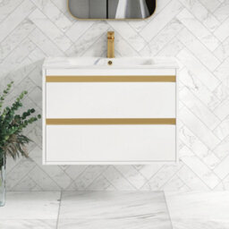 Royal Bathrooms Orion 800mm Matt White 2 Drawer Wall Hung Vanity Unit With Carrara White Basin & Brushed Brass Accent Trim - thumbnail 1