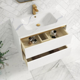 Royal Bathrooms Orion 800mm Matt White 2 Drawer Wall Hung Vanity Unit With Carrara White Basin & Brushed Brass Accent Trim - thumbnail 4