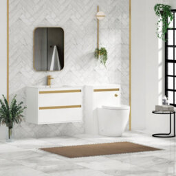Royal Bathrooms Orion 800mm Matt White 2 Drawer Wall Hung Vanity Unit With Carrara White Basin & Brushed Brass Accent Trim - thumbnail 3