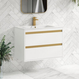 Royal Bathrooms Orion 800mm Matt White 2 Drawer Wall Hung Vanity Unit With Carrara White Basin & Brushed Brass Accent Trim - thumbnail 6
