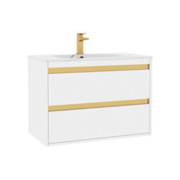 Royal Bathrooms Orion 800mm Matt White 2 Drawer Wall Hung Vanity Unit With Carrara White Basin & Brushed Brass Accent Trim - thumbnail 7