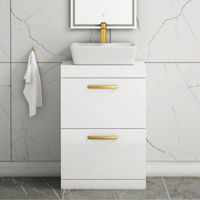 Royal Bathrooms 600mm Floor Standing Vanity Unit 2 Drawer Gloss White & Countertop Basin - Cube With Brushed Brass Handle - image 1