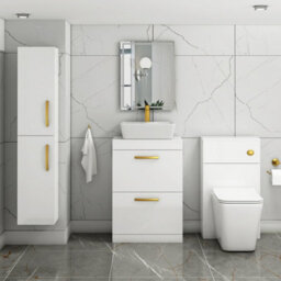 Royal Bathrooms 600mm Floor Standing Vanity Unit 2 Drawer Gloss White & Countertop Basin - Cube With Brushed Brass Handle - thumbnail 2