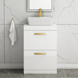 Royal Bathrooms 600mm Floor Standing Vanity Unit 2 Drawer Gloss White & Countertop Basin - Cube With Brushed Brass Handle - thumbnail 1