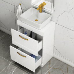 Royal Bathrooms 600mm Floor Standing Vanity Unit 2 Drawer Gloss White & Countertop Basin - Cube With Brushed Brass Handle - thumbnail 3