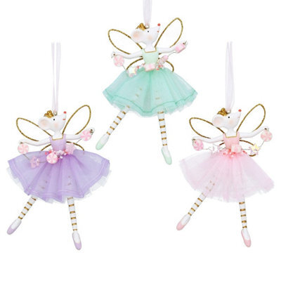 Gisela Graham Christmas Set Of 3 Fairy Mice Christmas Tree Decorations, Pink Green Purple, 12.7 X 7 Cm Each