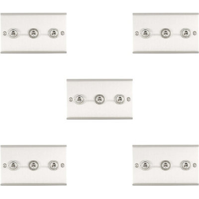 Loops 5 Pack 3 Gang Triple Retro Toggle Light Switch Satin Steel 10A 2 Way Wall Plate - image 1