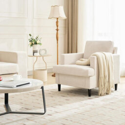 London Boutique Beige Mid-Century Accent Armchair, Linen Upholstered Lounge Chair, Wooden Legs For Living Room, Bedroom - thumbnail 3