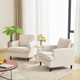 London Boutique Beige Mid-Century Accent Armchair, Linen Upholstered Lounge Chair, Wooden Legs For Living Room, Bedroom - thumbnail 4