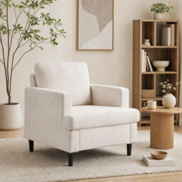 London Boutique Beige Mid-Century Accent Armchair, Linen Upholstered Lounge Chair, Wooden Legs For Living Room, Bedroom