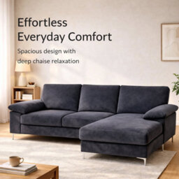 SquareBoxx Venossa L Shaped Corner Sofa With Chaise Lounge A 4 Seater Modern Fabric Sofa, Deep Seat Comfort, Plush Cushions & Chrome Legs - thumbnail 2
