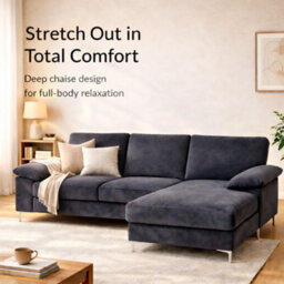 SquareBoxx Venossa L Shaped Corner Sofa With Chaise Lounge A 4 Seater Modern Fabric Sofa, Deep Seat Comfort, Plush Cushions & Chrome Legs - thumbnail 3