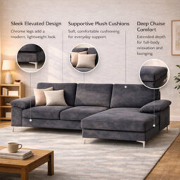 SquareBoxx Venossa L Shaped Corner Sofa With Chaise Lounge A 4 Seater Modern Fabric Sofa, Deep Seat Comfort, Plush Cushions & Chrome Legs - thumbnail 5