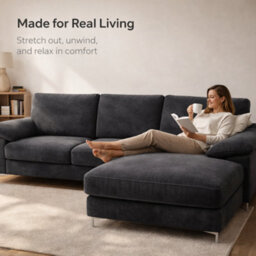 SquareBoxx Venossa L Shaped Corner Sofa With Chaise Lounge A 4 Seater Modern Fabric Sofa, Deep Seat Comfort, Plush Cushions & Chrome Legs - thumbnail 8