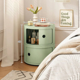 Green - 2Tiers Cylindrical Round Storage Cabinet Cupboard Shelf Side End Table Shelf - thumbnail 3