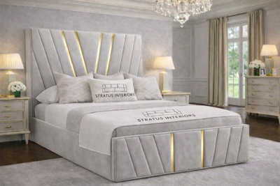Stratus Interiors Victor Gold Accent Upholstered Velvet Bed Frame - King Size 5Ft  With Slatted Base - Grey - image 1