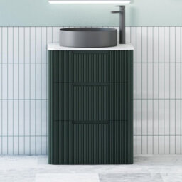 Royal Bathrooms Avenza 600mm Deep Moss Green Floor Standing Countertop Bathroom Vanity Unit 3 Drawer With Art Round Black Basin - thumbnail 1