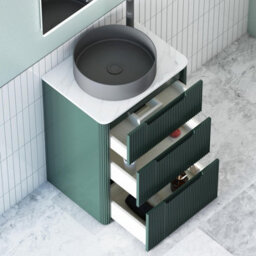 Royal Bathrooms Avenza 600mm Deep Moss Green Floor Standing Countertop Bathroom Vanity Unit 3 Drawer With Art Round Black Basin - thumbnail 5