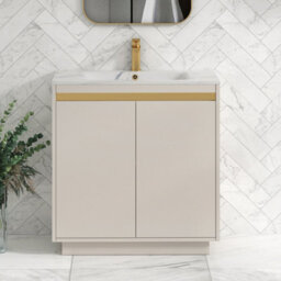 Royal Bathrooms Orion 800mm Warm Taupe 2 Door Floor Standing Vanity Unit With Carrara White Basin & Brushed Brass Accent Trim