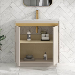 Royal Bathrooms Orion 800mm Warm Taupe 2 Door Floor Standing Vanity Unit With Carrara White Basin & Brushed Brass Accent Trim - thumbnail 4