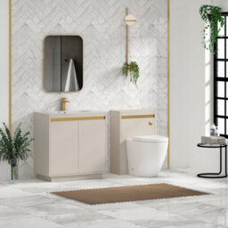 Royal Bathrooms Orion 800mm Warm Taupe 2 Door Floor Standing Vanity Unit With Carrara White Basin & Brushed Brass Accent Trim - thumbnail 3