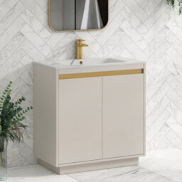 Royal Bathrooms Orion 800mm Warm Taupe 2 Door Floor Standing Vanity Unit With Carrara White Basin & Brushed Brass Accent Trim - thumbnail 6