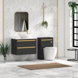 Royal Bathrooms Orion 800mm Matt Obsidian Black Wall Hung Plain White Countertop Vanity Unit 2 Drawer With Amaze Basin & Brushed Brass Accent Trim - thumbnail 3