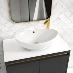 Royal Bathrooms Orion 800mm Matt Obsidian Black Wall Hung Plain White Countertop Vanity Unit 2 Drawer With Amaze Basin & Brushed Brass Accent Trim - thumbnail 5