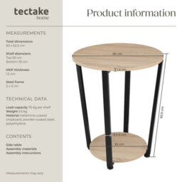Tectake Bedside Table Swindon - Industrial Style, Round With Large And Small Shelf, 50 X 62.5 Cm - Industrial Wood Light, Oak Sonoma - thumbnail 6