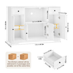 White 120 Cm Sideboard, Kitchen Pantry Cupboard With Power Sockets - thumbnail 2