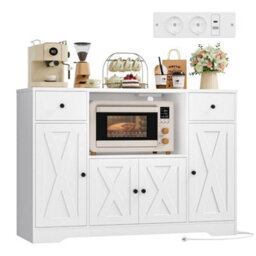White 120 Cm Sideboard, Kitchen Pantry Cupboard With Power Sockets - thumbnail 1