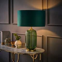 Valuelights Leigh Forest Green Glass And Gold Detail Table Lamp With Velvet Drum Shade - thumbnail 2