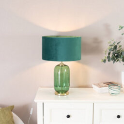 Valuelights Leigh Forest Green Glass And Gold Detail Table Lamp With Velvet Drum Shade - thumbnail 5