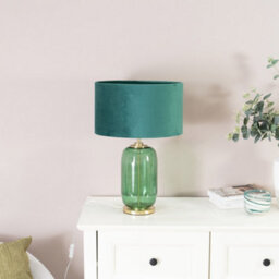 Valuelights Leigh Forest Green Glass And Gold Detail Table Lamp With Velvet Drum Shade - thumbnail 4