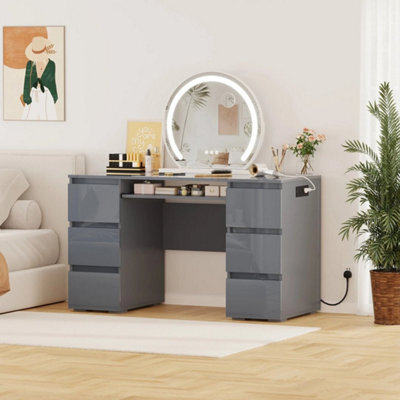 Grey Table Dressing Table High Gloss Vanity Makeup Computer Desk Socket Storage 6 Drawers - image 1