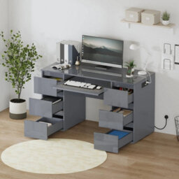 Grey Table Dressing Table High Gloss Vanity Makeup Computer Desk Socket Storage 6 Drawers - thumbnail 5