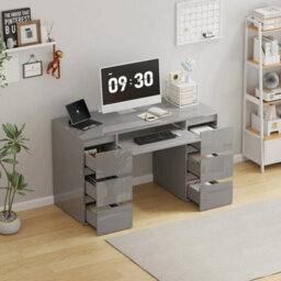 Grey Table Dressing Table High Gloss Vanity Makeup Computer Desk Socket Storage 6 Drawers - thumbnail 4
