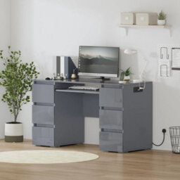 Grey Table Dressing Table High Gloss Vanity Makeup Computer Desk Socket Storage 6 Drawers - thumbnail 2