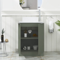 Royal Bathrooms Evora 600mm Sage Green Fluted Floor Standing Countertop Vanity Unit 2 Door With Art Basin - thumbnail 3