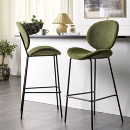 Wyld And Coco Boucle Bar Chairs Set Of 2 Dark Green With Black Iron Legs, Armless Counter Stools For Kitchen And Dining - thumbnail 2