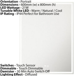 Illuminated 600 X 800mm Ip44 Led Bathroom Mirror With Demister And Tunable White Light - thumbnail 3