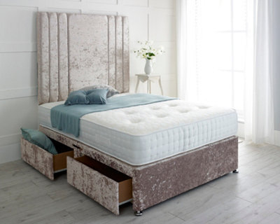 "Adore Designs Rio Crushed Velvet Divan Bed, With Pocket Mattress & 36"" Headboard - 6Ft Super King - Champagne - 4 Drawers"