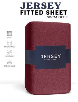 Ameha 100% Cotton Jersey Fitted Sheet Burgundy Soft Anti Allergy 30Cm Extra Deep Easy Care Double Bed Sheets 137 X 190Cm - image 1