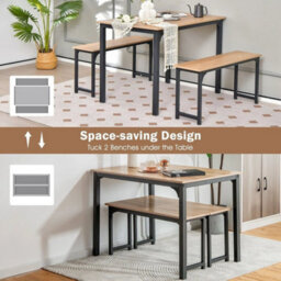 3 Pcs Natural Dining Table Set Dining Table & 2 Benches Kitchen - thumbnail 5
