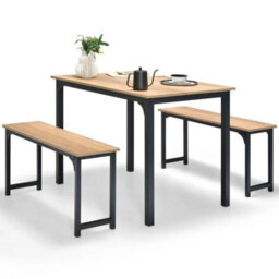 3 Pcs Natural Dining Table Set Dining Table & 2 Benches Kitchen - thumbnail 1