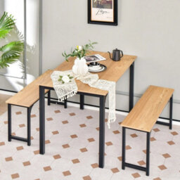 3 Pcs Natural Dining Table Set Dining Table & 2 Benches Kitchen - thumbnail 6