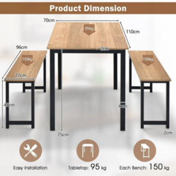 3 Pcs Natural Dining Table Set Dining Table & 2 Benches Kitchen - thumbnail 2